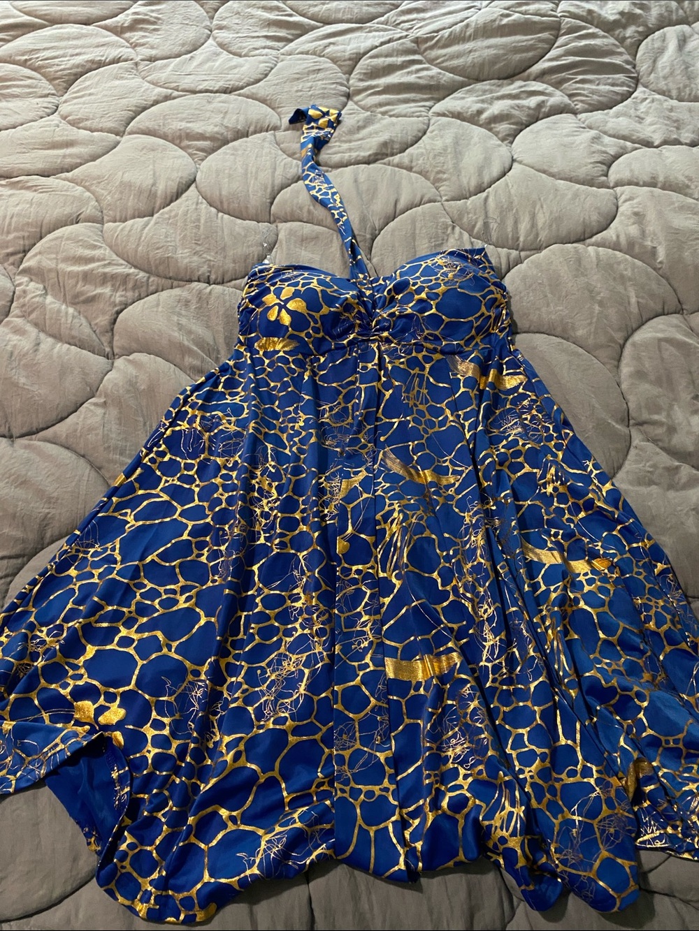 Strapless Blue and Gold Mini Dress